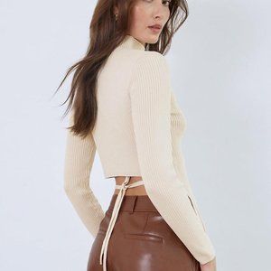 Babaton Aritzia Ambrosia Sculpt Knit Tie-Back Longsleeve Sweater Matte Pearl